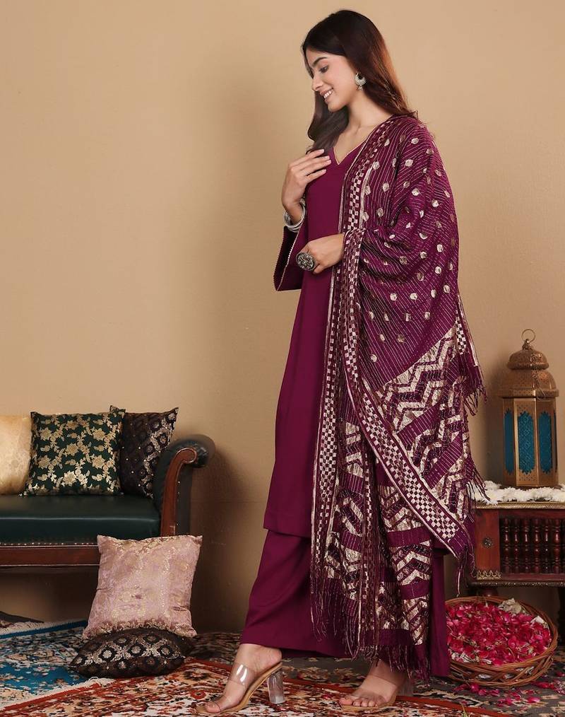 V-Neck Full Sleeves Regular A-Line Kurta With Palazzo With Dupatta