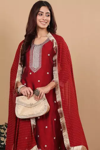 Women Maroon Silk Zari Floral Embroidered Kurta with trousers & Dupatta