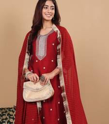 Women Maroon Silk Zari Floral Embroidered Kurta with trousers & Dupatta