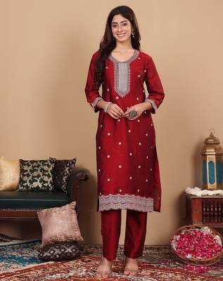 Women Maroon Silk Zari Floral Embroidered Kurta with trousers & Dupatta 1