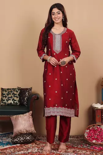 Women Maroon Silk Zari Floral Embroidered Kurta with trousers & Dupatta