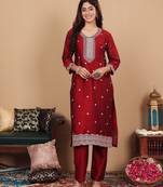 Women Maroon Silk Zari Floral Embroidered Kurta with trousers & Dupatta