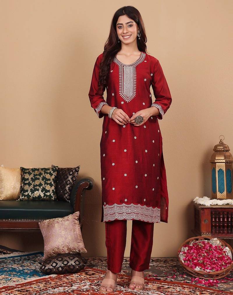 Women Maroon Silk Zari Floral Embroidered Kurta with trousers & Dupatta