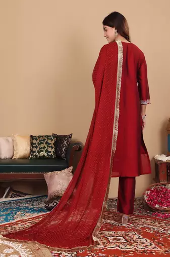 Women Maroon Silk Zari Floral Embroidered Kurta with trousers & Dupatta