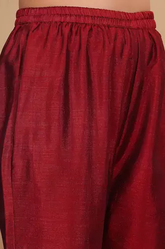 Women Maroon Silk Zari Floral Embroidered Kurta with trousers & Dupatta