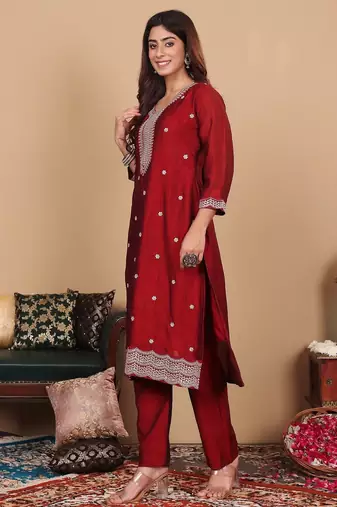 Women Maroon Silk Zari Floral Embroidered Kurta with trousers & Dupatta