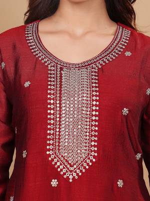 Women Maroon Silk Zari Floral Embroidered Kurta with trousers & Dupatta 6
