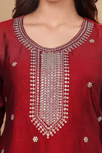 Women Maroon Silk Zari Floral Embroidered Kurta with trousers & Dupatta