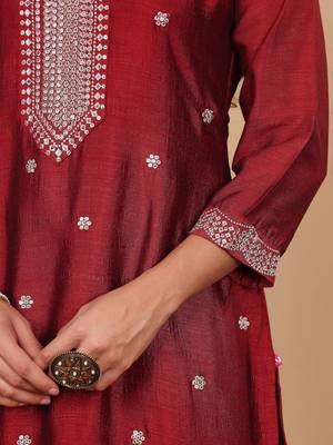 Women Maroon Silk Zari Floral Embroidered Kurta with trousers & Dupatta 7