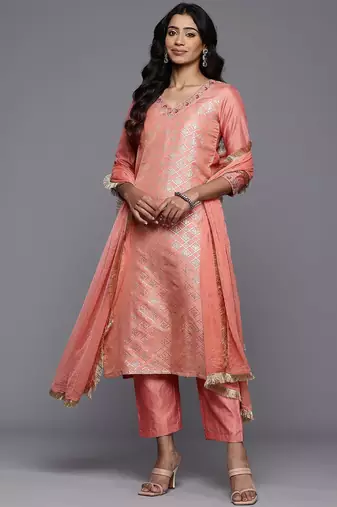 Woven Design Zari Kurta With Trousers & Dupatta