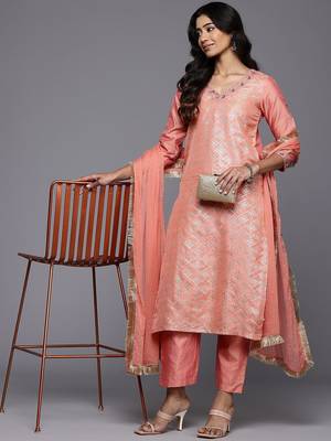 Woven Design Zari Kurta With Trousers & Dupatta 7