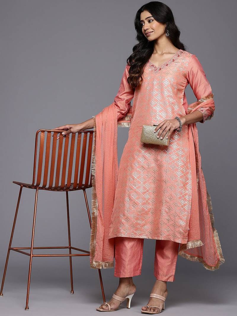 Woven Design Zari Kurta With Trousers & Dupatta