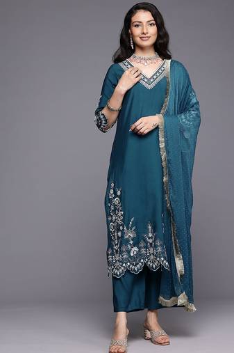 Ethnic Motifs Embroidered Zari Kurta With Trousers & Dupatta
