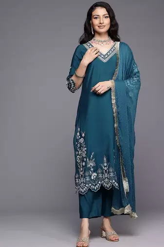 Ethnic Motifs Embroidered Zari Kurta With Trousers & Dupatta