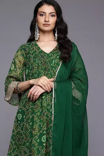 Bandhani Printed Empire Gotta Patti Kurta With Trousers & Dupatta