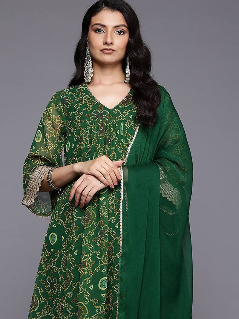 Bandhani Printed Empire Gotta Patti Kurta With Trousers & Dupatta