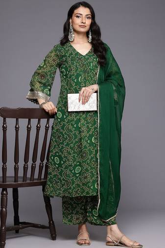 Bandhani Printed Empire Gotta Patti Kurta With Trousers & Dupatta