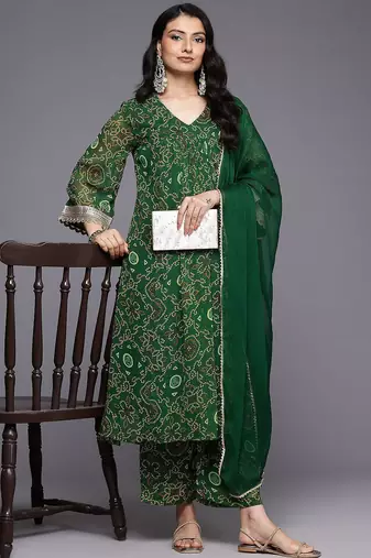 Bandhani Printed Empire Gotta Patti Kurta With Trousers & Dupatta