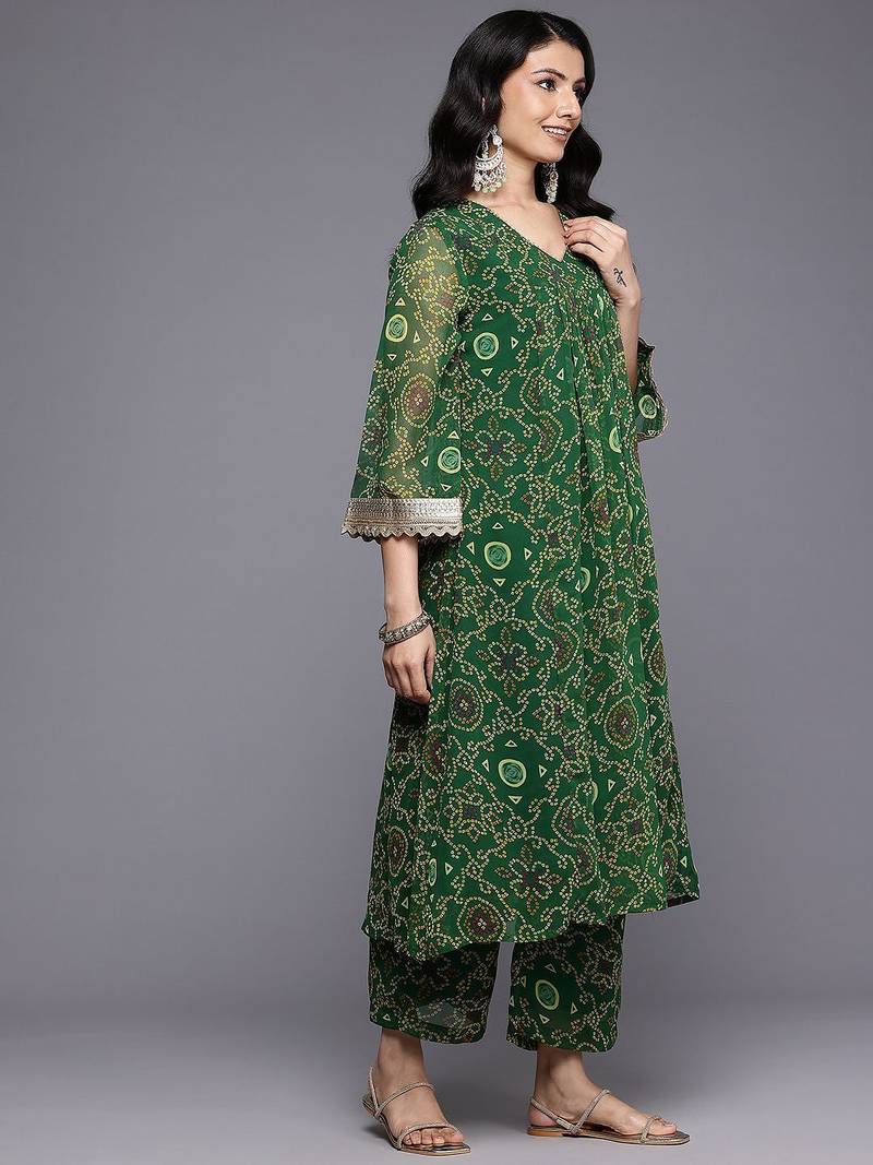 Bandhani Printed Empire Gotta Patti Kurta With Trousers & Dupatta