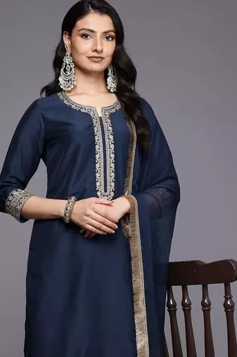 Ethnic Motifs Embroidered Zari Kurta With Palazzos & Dupatta