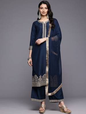 Ethnic Motifs Embroidered Zari Kurta With Palazzos & Dupatta 1