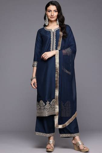 Ethnic Motifs Embroidered Zari Kurta With Palazzos & Dupatta