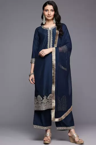 Ethnic Motifs Embroidered Zari Kurta With Palazzos & Dupatta