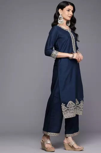 Ethnic Motifs Embroidered Zari Kurta With Palazzos & Dupatta