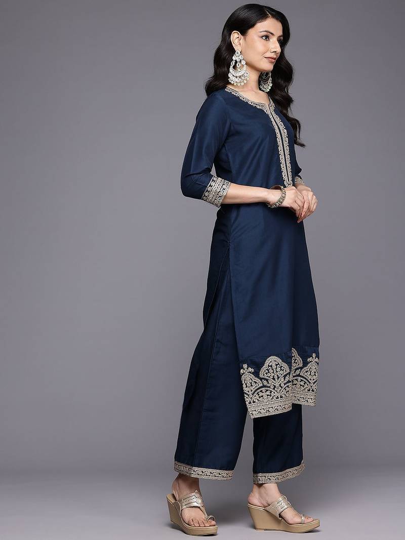 Ethnic Motifs Embroidered Zari Kurta With Palazzos & Dupatta