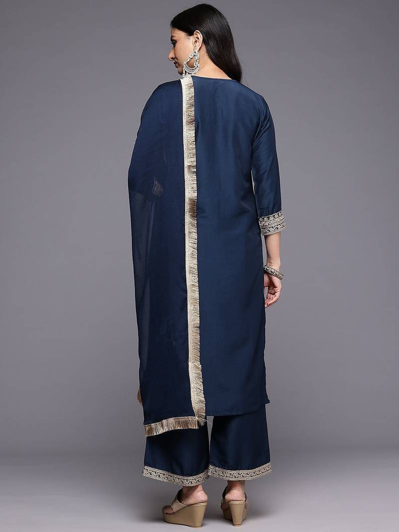 Ethnic Motifs Embroidered Zari Kurta With Palazzos & Dupatta