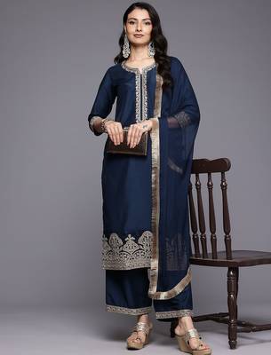 Ethnic Motifs Embroidered Zari Kurta With Palazzos & Dupatta 8