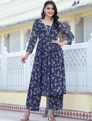Women Floral Printed Empire Silk Georgette Kurta with Trousers 1