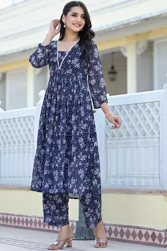 Women Floral Printed Empire Silk Georgette Kurta with Trousers