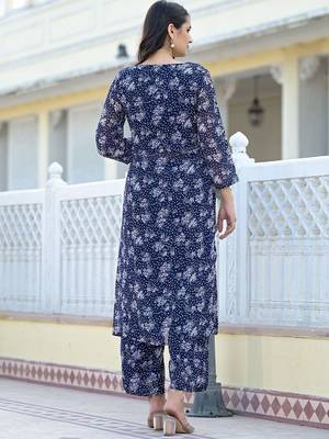 Women Floral Printed Empire Silk Georgette Kurta with Trousers 4