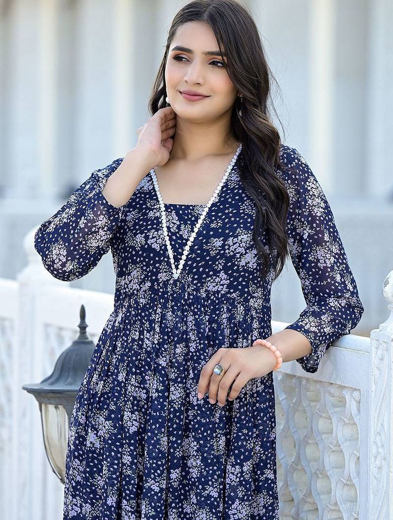 Women Floral Printed Empire Silk Georgette Kurta with Trousers
