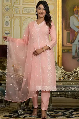 Women Floral Embroidered Regular Pure Cotton Kurta with Trousers & With Dupatta
