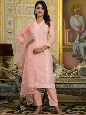 Women Floral Embroidered Regular Pure Cotton Kurta with Trousers & With Dupatta 3