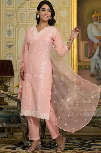 Women Floral Embroidered Regular Pure Cotton Kurta with Trousers & With Dupatta