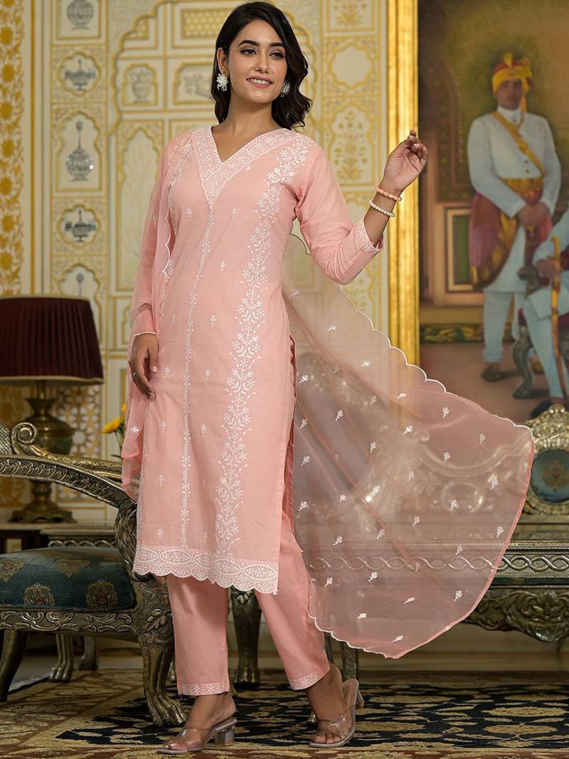 Women Floral Embroidered Regular Pure Cotton Kurta with Trousers & With Dupatta
