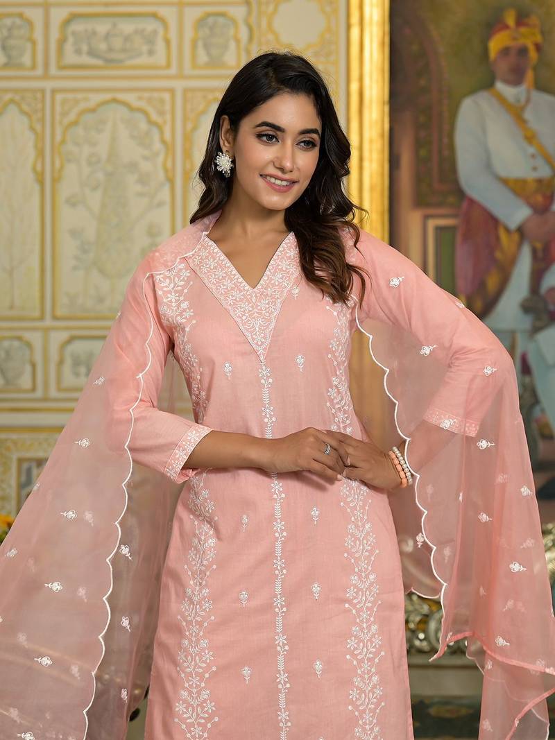Women Floral Embroidered Regular Pure Cotton Kurta with Trousers & With Dupatta