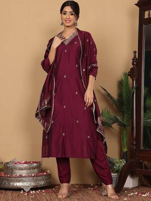 Purple Embroidered Sequinned Pure Silk Straight Kurta with Trousers & Dupatta 1