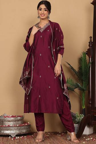 Purple Embroidered Sequinned Pure Silk Straight Kurta with Trousers & Dupatta