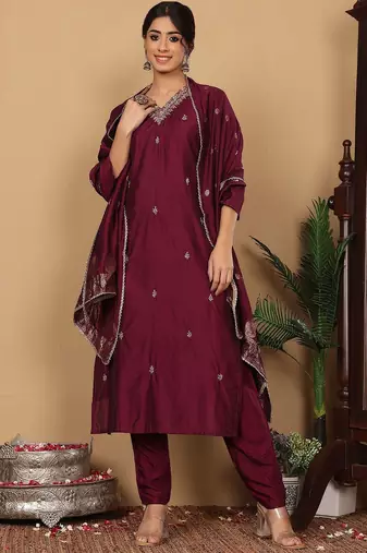 Purple Embroidered Sequinned Pure Silk Straight Kurta with Trousers & Dupatta
