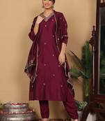 Purple Embroidered Sequinned Pure Silk Straight Kurta with Trousers & Dupatta