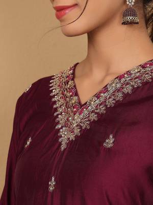 Purple Embroidered Sequinned Pure Silk Straight Kurta with Trousers & Dupatta 2