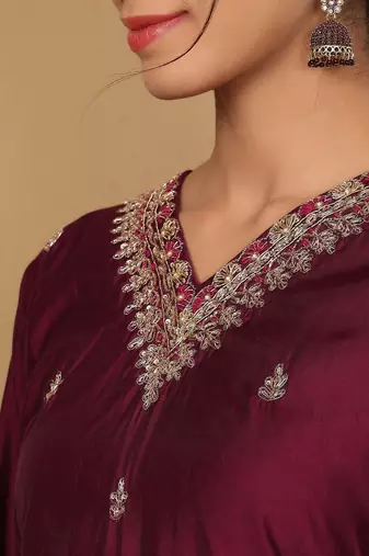 Purple Embroidered Sequinned Pure Silk Straight Kurta with Trousers & Dupatta