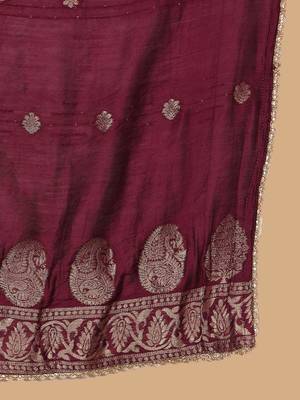 Purple Embroidered Sequinned Pure Silk Straight Kurta with Trousers & Dupatta 4
