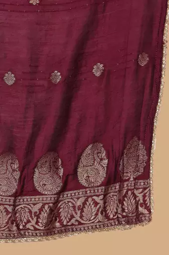 Purple Embroidered Sequinned Pure Silk Straight Kurta with Trousers & Dupatta