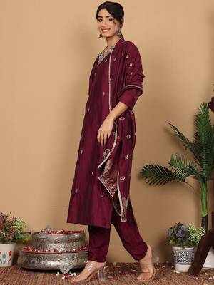 Purple Embroidered Sequinned Pure Silk Straight Kurta with Trousers & Dupatta 5