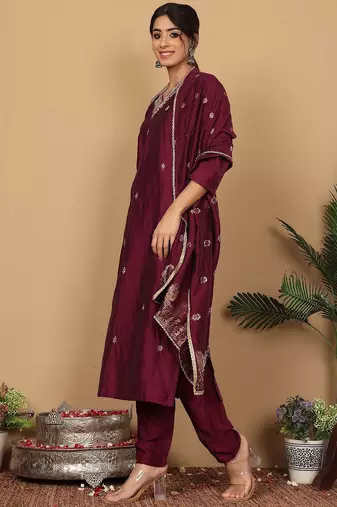 Purple Embroidered Sequinned Pure Silk Straight Kurta with Trousers & Dupatta